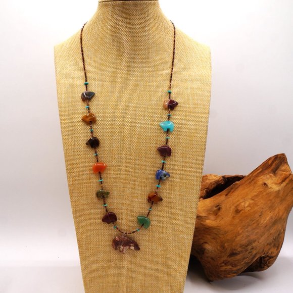 Vintage Southwest Native American Bear Fetish Multi Gemstone Necklace 30" - Picture 4 of 10